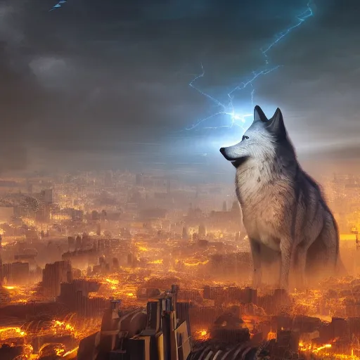 Prompt: of beksinki sky and city in future based on the shape of a wolves head epic cinematic lighting ultra detailed 8 k hi res