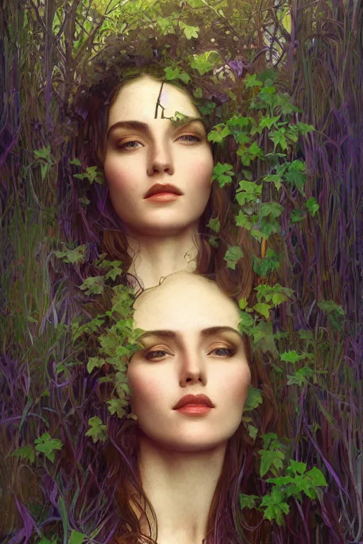 Image similar to an ( ( ( ( ( ( ( esoteric woman ) ) ) ) ) ), blending into nature!!!! with a beautiful face!!! cinematic lightning, isolated, studio lighting by alphonse mucha and tom bagshaw