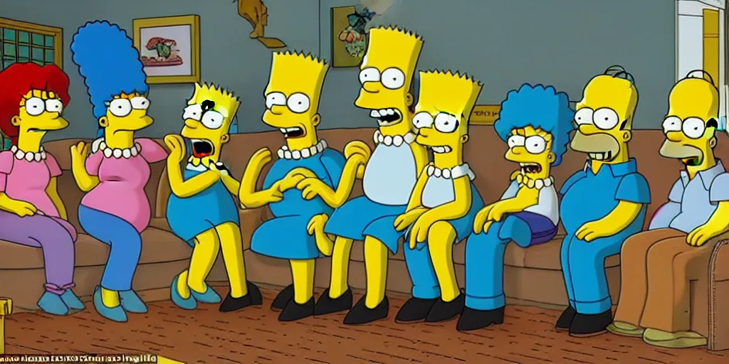 Image similar to the simpsons in a house made of lemons, they all have really long legs, smurfs