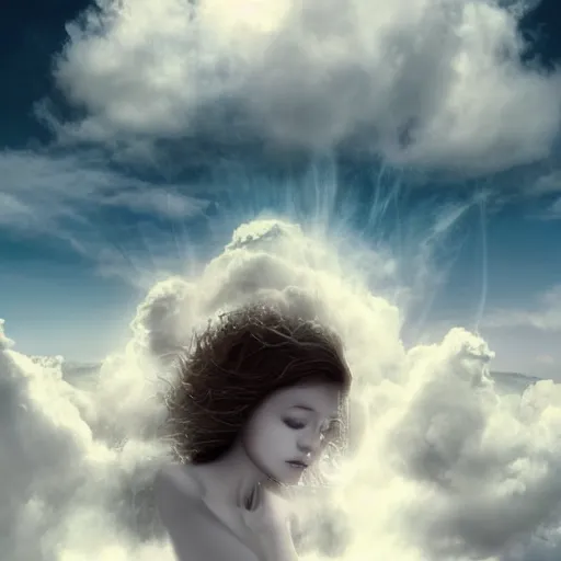 Image similar to goddess wearing a cloud fashion on the clouds up there, photoshop, colossal, creative, albino skin, giant, digital art, photo manipulation, is looking down on us from above, clouds, covered in clouds, girl clouds, on clouds, covered by clouds, airplane in the sky, white hair, digital painting, artstation