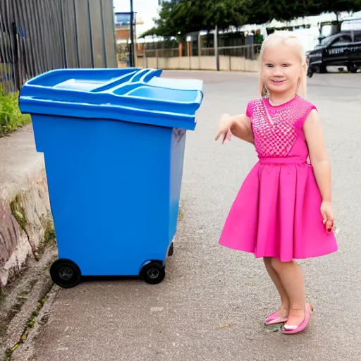 Image similar to a small blonde girl in front of some wheelie bins wearing a pink dress