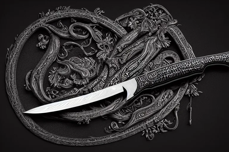 Prompt: an elaborate highly detailed engraved damascus steel knife with a glossy dark stained oak handle forged by ancient dwarfs in a studio lit black backdrop, product photography, instagram, lotr, unreal engine 5, octane render, 3 d, realisitc, award winning,