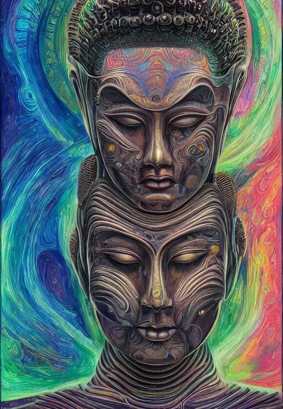 Image similar to perfectly centered portrait, front view of a beautiful biomechanical alien android robot buddha, female, flowing hair, intense stare, sarcastic smile, symmetrical, concept art, intricate detail, psychedelic colors, volumetric shadows and lighting, realistic oil painting by alex grey and h. r giger,