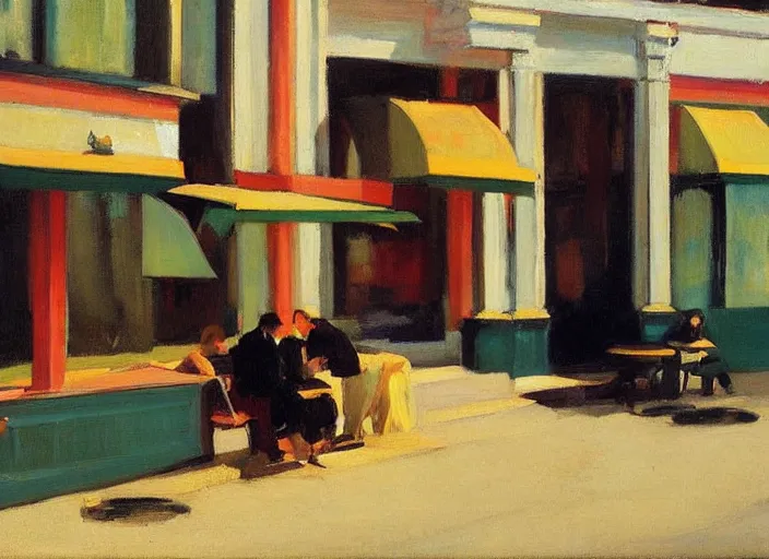 Image similar to artwork by malcolm liepke and edward hopper, an extrior view of a cafe in the afternoon