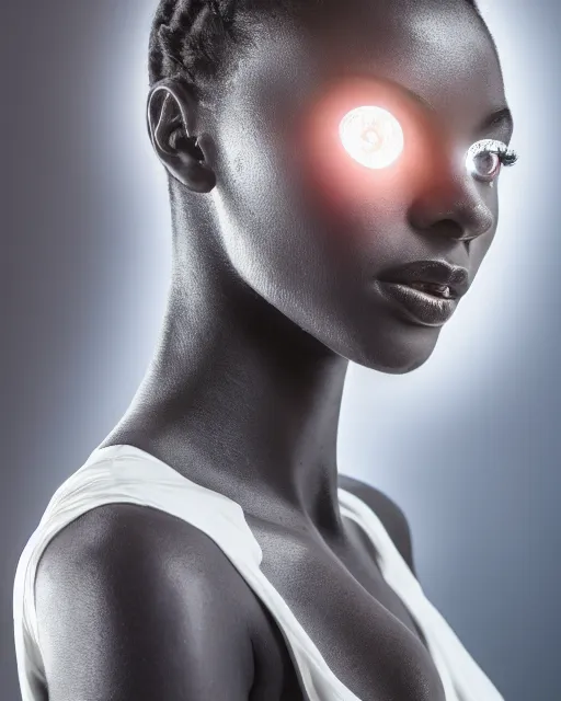 Image similar to beautiful centered fine art photo portrait of beautiful black girl with white solarpunk mecha humanoid head parts with led lights, sensual pose gesture, white background, ultra - realistic and intricate, soft box lighting, shallow depth of field hdr 8 k