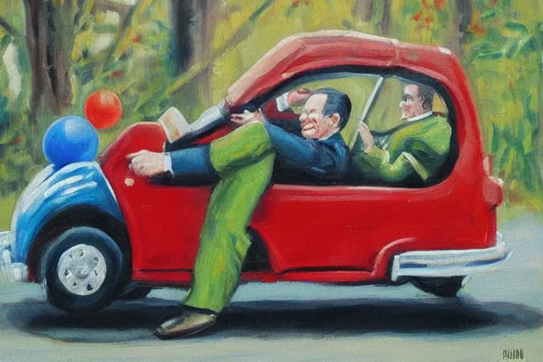 Image similar to “An oil painting of Richard Nixon driving a miniature clown car”