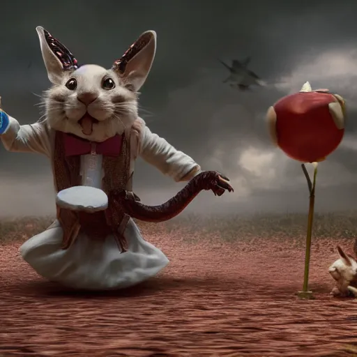 Prompt: tom cruise as Alice in Wonderland chasing the white rabbit, hyperrealistic, highly detailed, depth of field, High definition, 8k, octane render, artstation