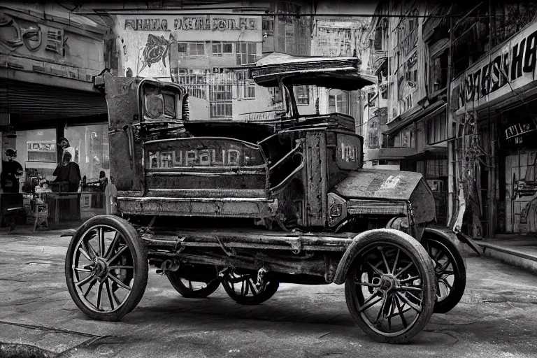 Image similar to cyberpunk 1 9 0 8 model ford t by paul lehr, metropolis, vintage, solar, black and white photo