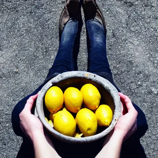 Image similar to man standing below bowl of lemons