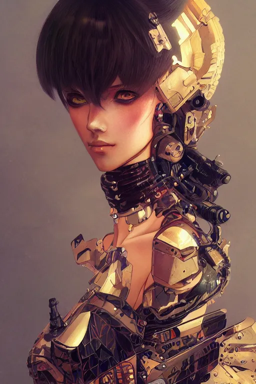 Image similar to portrait of beautiful young devil, cyberpunk, Warhammer, highly detailed, artstation, illustration, art by Gustav Klimt and Range Murata and Ilya Kuvshinov and Sakimichan