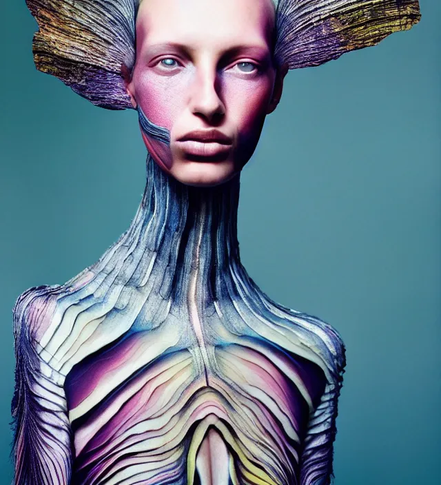 Image similar to photography facial portrait of female fashion model, wearing organic futurist clothed designed by iris van herpen, with a subtle colorfull - makeup. sky forest background, natural pose, highly detailed, skin grain detail, photography by paolo roversi, nick knight, helmut newton, avedon, araki