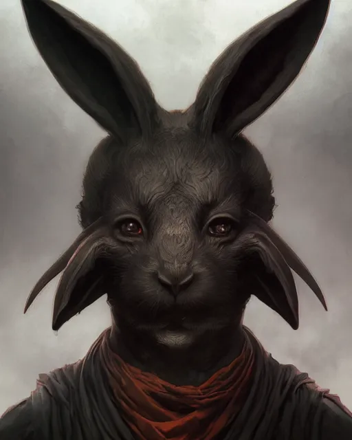 Image similar to Anthropomorphized black rabbit monk, portrait, Path of Exile, Diablo, Warhammer, digital painting, highly detailed, concept art, Nekro, Peter Mohrbacher, Alphonse Mucha, Brian Froud, Yoshitaka Amano, Kim Keever, Victo Ngai, James Jean