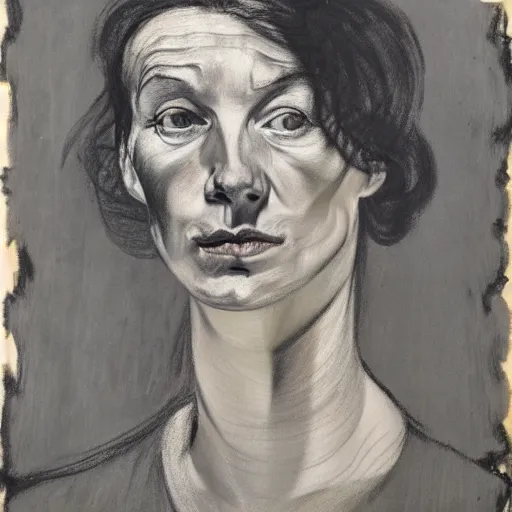 Prompt: charcoal drawing portrait of a woman in suit by lucian freud, jenny saville, rembrandt and raphael and edward hopper