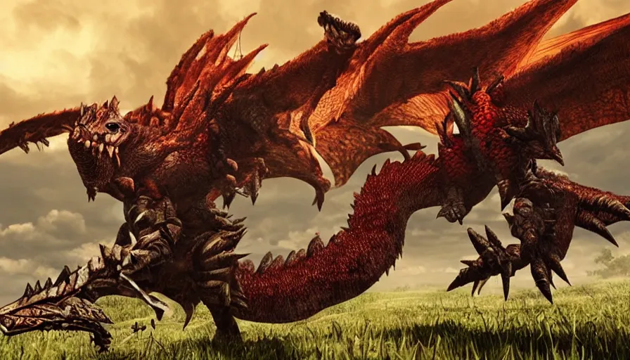 Prompt: A Rathalos in the plains, Monster Hunter