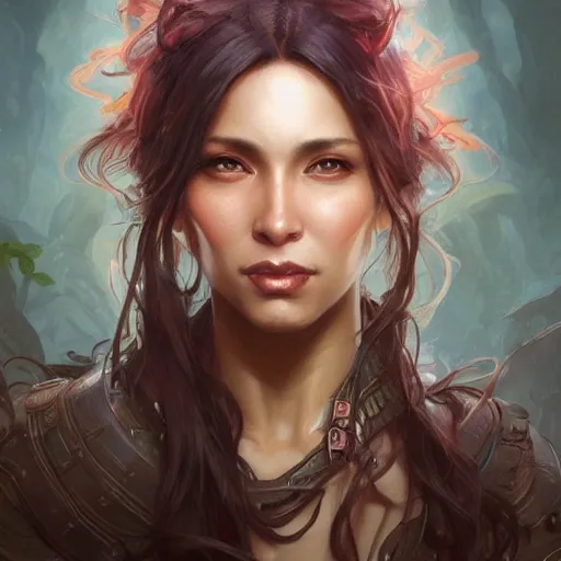 Prompt: beautiful, strong, mixed race, female, aged 4 0, face, head shot, fantasy, highly detailed, digital painting, artstation, concept art, smooth, sharp focus, illustration, art by artgerm and greg rutkowski and alphonse mucha