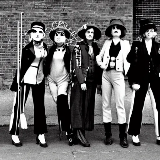 Prompt: hooligan punk woman, female droog, a clockwork orange, woman wearing bowler hat, 1 9 7 1, 1 9 7 1 dystopian england