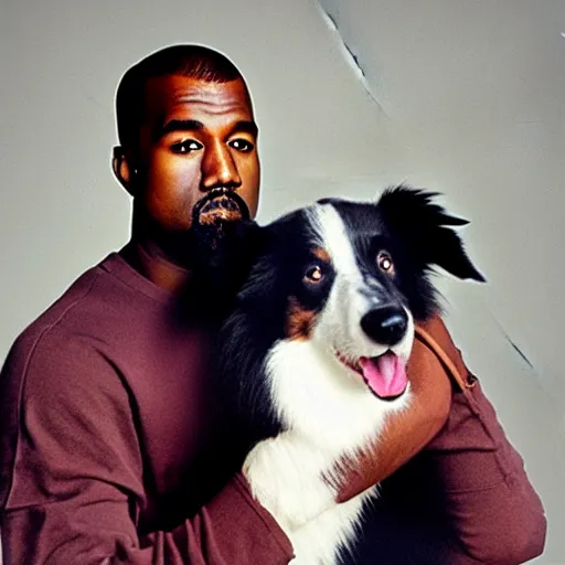 Prompt: Kanye West holding a Border Collie! for a 1990s sitcom tv show, Studio Photograph, portrait C 12.0