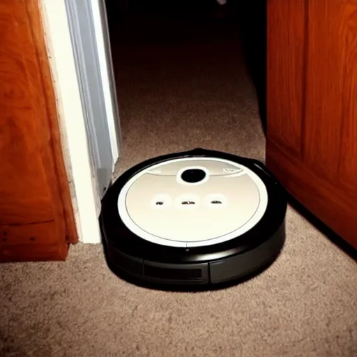 Prompt: grainy photo of a roomba as a creepy monster in a closet, harsh flash