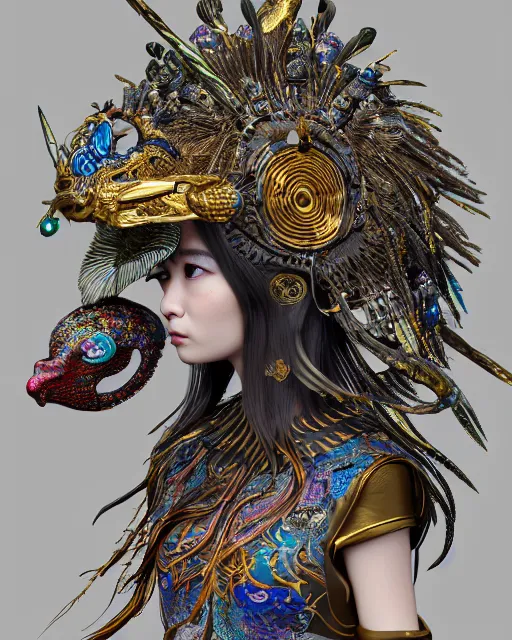 Prompt: mikami yua 3 d warrior goddess medium shot portrait. beautiful hyperrealistic intricate highly detailed magpie helm and richly embroidered blouse, quetzalcoatl, bioluminescent, curious, kintsugi, plasma, lava, ice, feather, artwork by tooth wu and wlop and chiara bautista, octane 3 d render