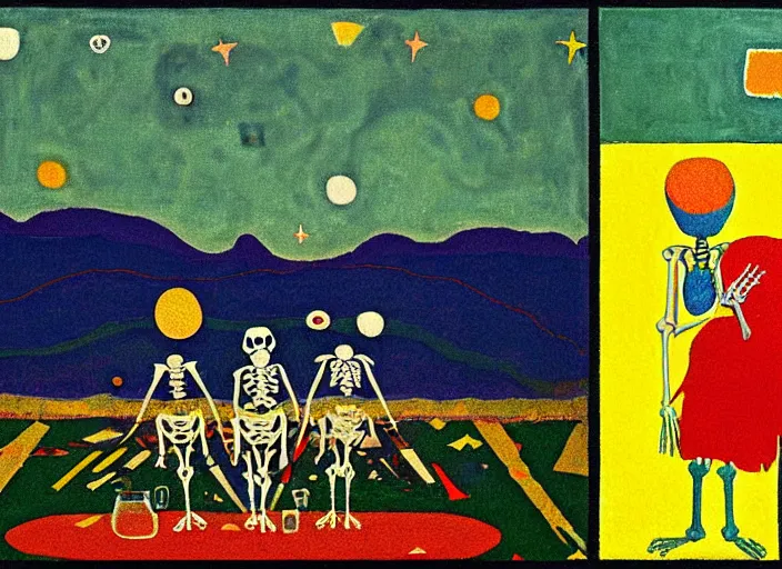 Image similar to pixel decollage painting tarot magician card composition wonky alien skeleton cook chef with knives on a horse in a dark green cloudy night sky with golden foil stars, occult symbols and tears, mountain lake and blossoming field in background, painted by mark rothko, helen frankenthaler, danny fox and hilma af klint, pixelated, neo expressionism