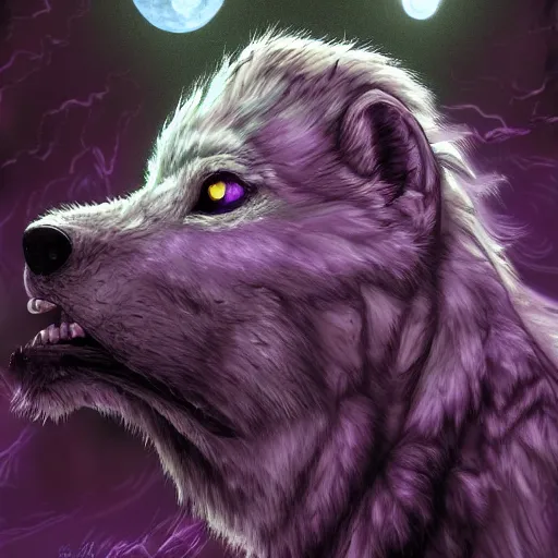 Image similar to a purple werewolf howling into a full moon, in the style of ayami kojima, realistic digital painting, very detailed