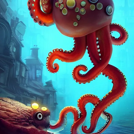 Image similar to octopus cute, illustration, digital art, inspired by little big planet, by greg rutkowski, sharp, masterpiece, highly detailed, photorealistic, octane render, 8 k, unreal engine 5, trending on artstation, vivid colors