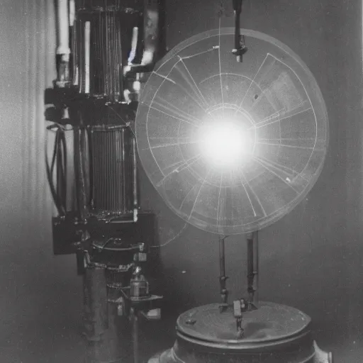 Image similar to grainy 1800s photo of a mechanical apparatus that is projecting a hologram of an artificial intelligence