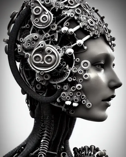 Image similar to mythical black and white organic bio-mechanical spinal ribbed profile face portrait detail of mechanical beautiful female angelic-vegetal-cyborg, highly detailed, intricate steampunk ornate, poetic, 3D render, digital art, octane render, 8K artistic photography, photo-realistic, by Dora Maar