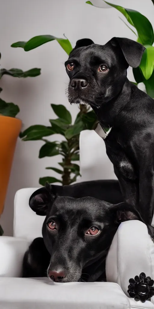 Image similar to a dog that looks like mickey mouse, white face, black body, black nose, black ears, sitting down on a sofa, house plants in the background, indoors, dim light, photograph, 4 k, shot on iphone