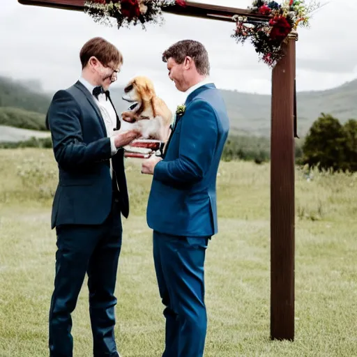 Prompt: markiplyer marries his dog pet shop ceremony