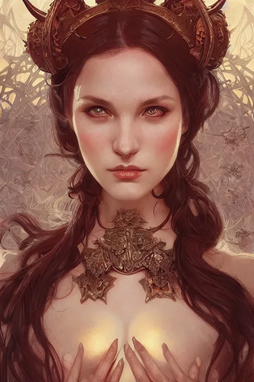 Image similar to beautiful demon peasant maiden with horns, intricate, elegant, highly detailed, digital painting, artstation, concept art, smooth, sharp focus, illustration, art by artgerm and greg rutkowski and alphonse mucha