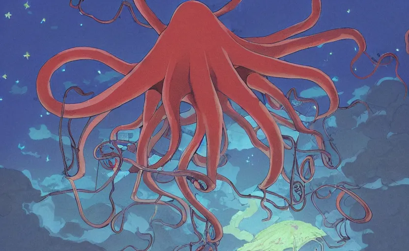 Image similar to a realistic cell - shaded studio ghibli concept art from paprika ( 2 0 0 6 ) of a flying multi - colored octopus from close encounters of the third kind ( 1 9 7 7 ) and dimensional portal to another world above a flooded temple complex on a misty starry night. very dull colors, wide shot, hd, 4 k, hq