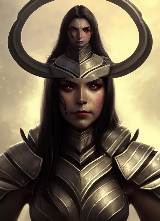 Prompt: full plate armor!!! beautiful and elegant dark hair female orc!! gorgeous ayes!! character concept art, sharp focus, octane render! unreal engine 5! highly rendered!! trending on artstation!! detailed linework!! illustration by artgerm, wlop, and chie yoshii