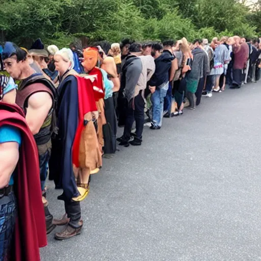 Image similar to A line queue of Thor. Thor is waiting in the line. he is in the middle of the line.