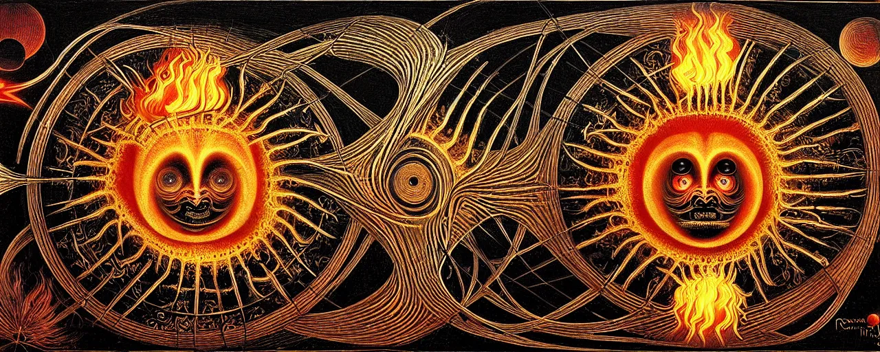 Image similar to a strange fire creature with endearing eyes radiates a unique canto'as above so below'while being ignited by the spirit of haeckel and robert fludd, in the long deep infinite tunnel of the ego - self axis, glory to my soul, in honor of saturn, painted by ronny khalil