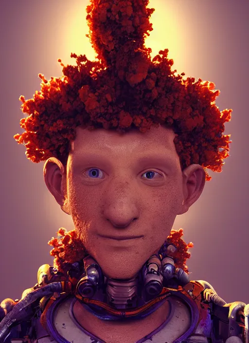 Image similar to biopunk portrait of curly orange hair man as a scientist, au naturel, hyper detailed, digital art, trending in artstation, cinematic lighting, studio quality, smooth render, unreal engine 5 rendered, octane rendered, art style by pixar dreamworks warner bros disney riot games and overwatch.