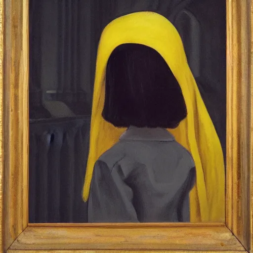 Image similar to a painting of a little girl with black hair and wearing a yellow coat in the middle of a cloister in an abbey by hopper