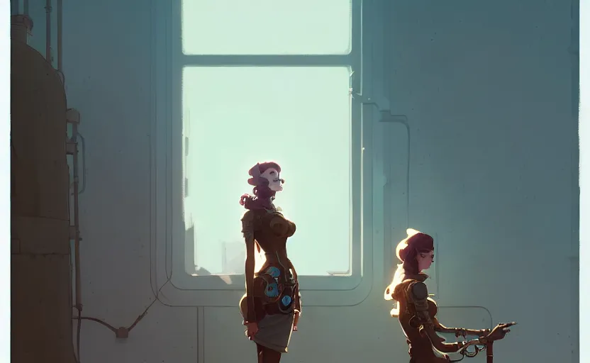 Image similar to female steampunk princess standing near the window by atey ghailan, by greg rutkowski, by simon stalenhag, by greg tocchini, by james gilleard, by joe fenton, by kaethe butcher dynamic lighting, gradient light blue, brown, blonde cream and white color scheme, grunge aesthetic