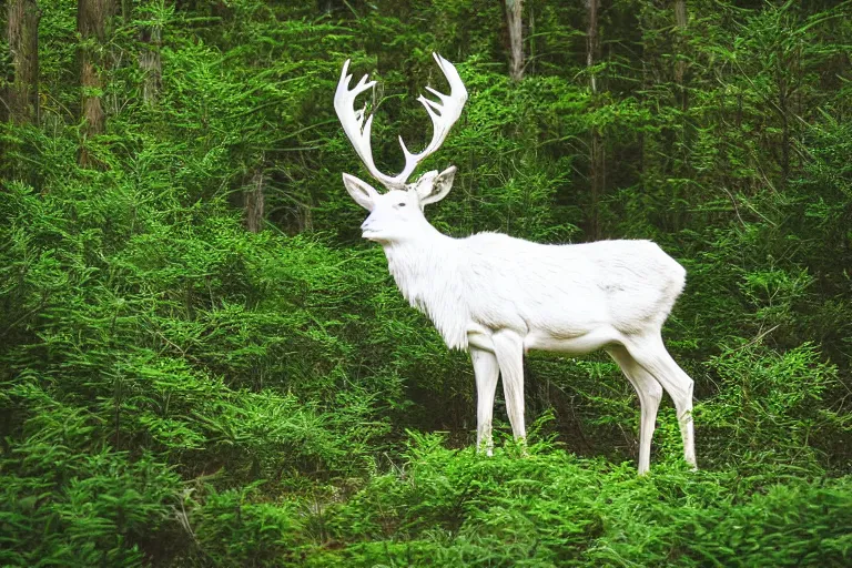 Image similar to a glowing white stag standing in ferns in the middle of the forest, at night