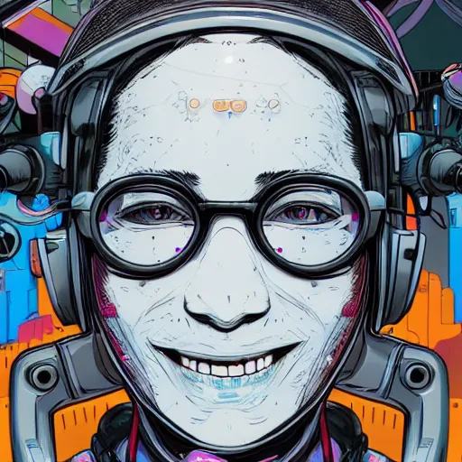 Image similar to in the style of bubbltek and josan gonzalez close up of a smiling young explorer wearing a cyberpunk headpiece, highly detailed, intricate details, 8k wallpaper