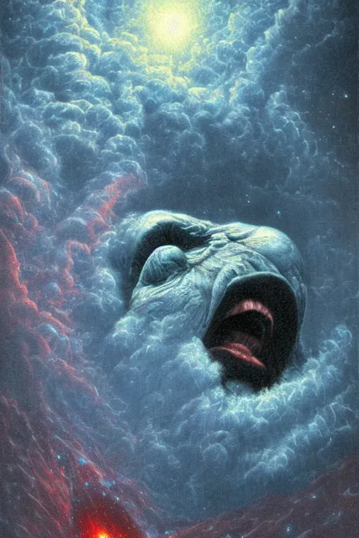 Image similar to an old man screams and a tornado comes out of his mouth by artgem and les edwards, gustave dore, highly detailed, high contrast, light reflection, trippy, nebula, trending on artstation