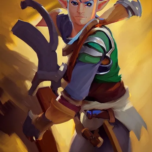 Image similar to greg manchess portrait painting of link from legend of zelda as overwatch character, medium shot, asymmetrical, profile picture, organic painting, sunny day, matte painting, bold shapes, hard edges, street art, trending on artstation, by huang guangjian and gil elvgren and sachin teng