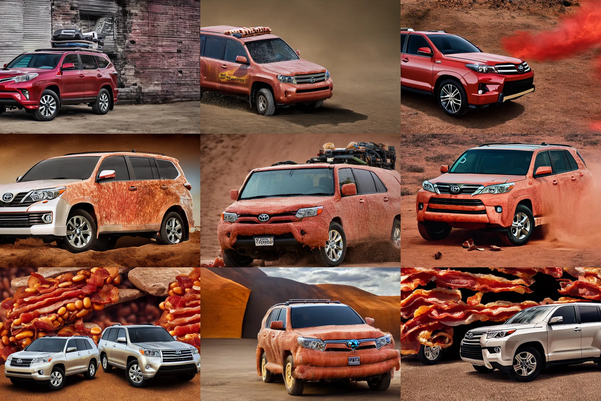 Prompt: toyota suv made of bacon, leaking baked beans, commercial vehicle photography 4 k