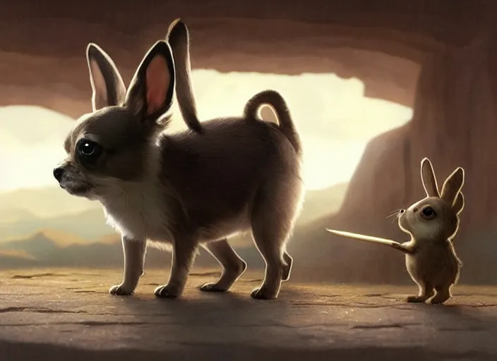 Image similar to a key shot of chihuahua looking at bunny animation at mid-day, medium shot, waist up, studio Ghibli, Pixar and Disney animation, sharp, key art by Greg Rutkowski, dramatic lighting, flat texture