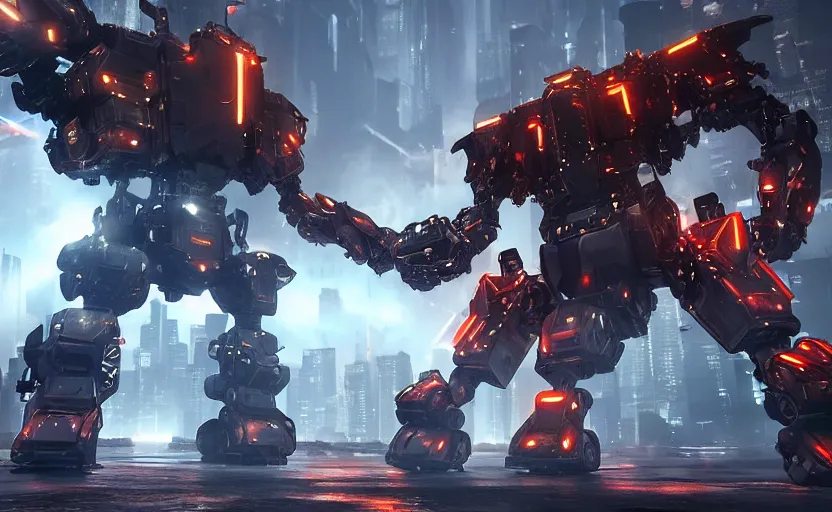 Prompt: an epic fight between two giant weaponized mechs in the middle of a futuristic new york city, futuristic, epic, cinematic, raytracing, cyberpunk, 4 k