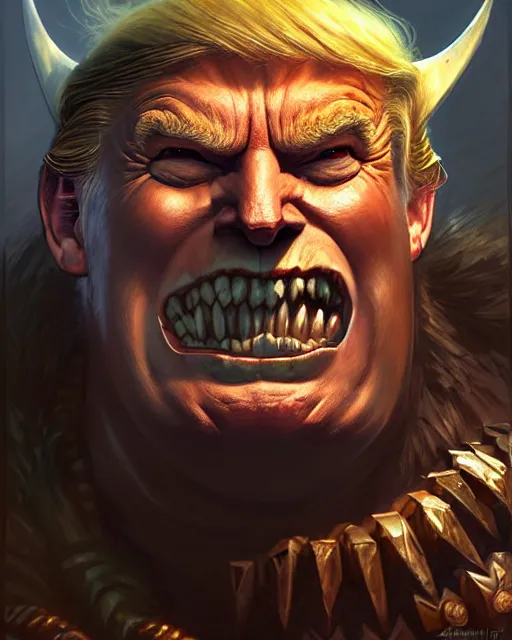 Image similar to trump as orc barbarian | | realistic shaded, fine details, realistic shaded lighting poster by greg rutkowski, magali villeneuve, artgerm, jeremy lipkin and michael garmash and rob rey