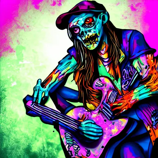 Image similar to Brightly colored zombie on stage, playing guitar in a metal band, digital art