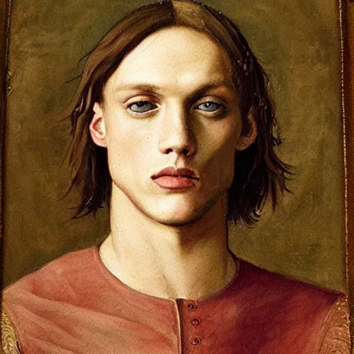 Image similar to renaissance painting of jamie campbell bower, detailed