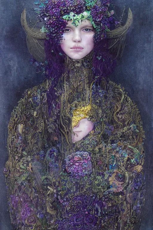 Prompt: portrait of beautiful gothic young mainem, thunderstorm, cyber armor, a lot of scars, more and more flowers, purple head, the middle ages, highly detailed, artstation, illustration, art by jean delville, 8 k quality, art by greg gandy and dragan bibin, gustav klimt