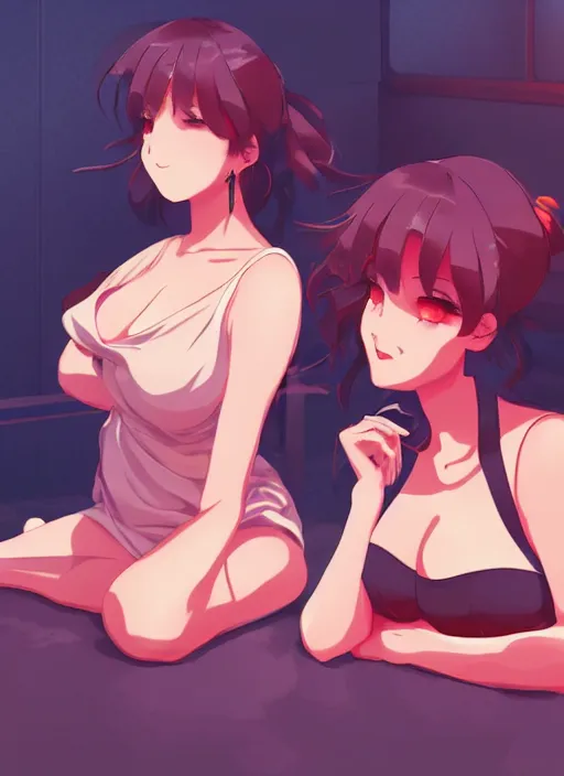 Image similar to two beautiful mothers sitting on a hot summer evening, gorgeous faces, thick lines, cinematic lighting, detailed anime art